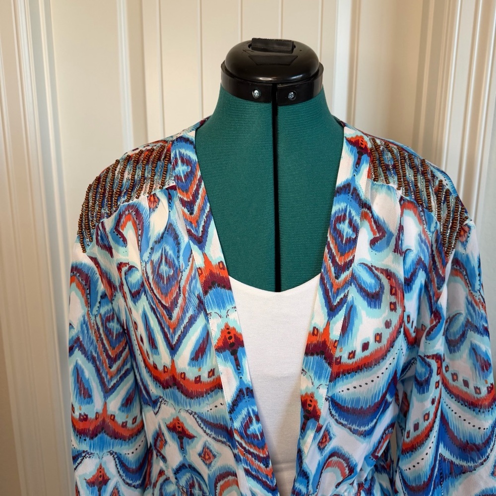 2/$30 bebe Vibrant Blue and Red Print Cardigan Kimono Cover-Up Beaded Detail - Picture 3 of 12
